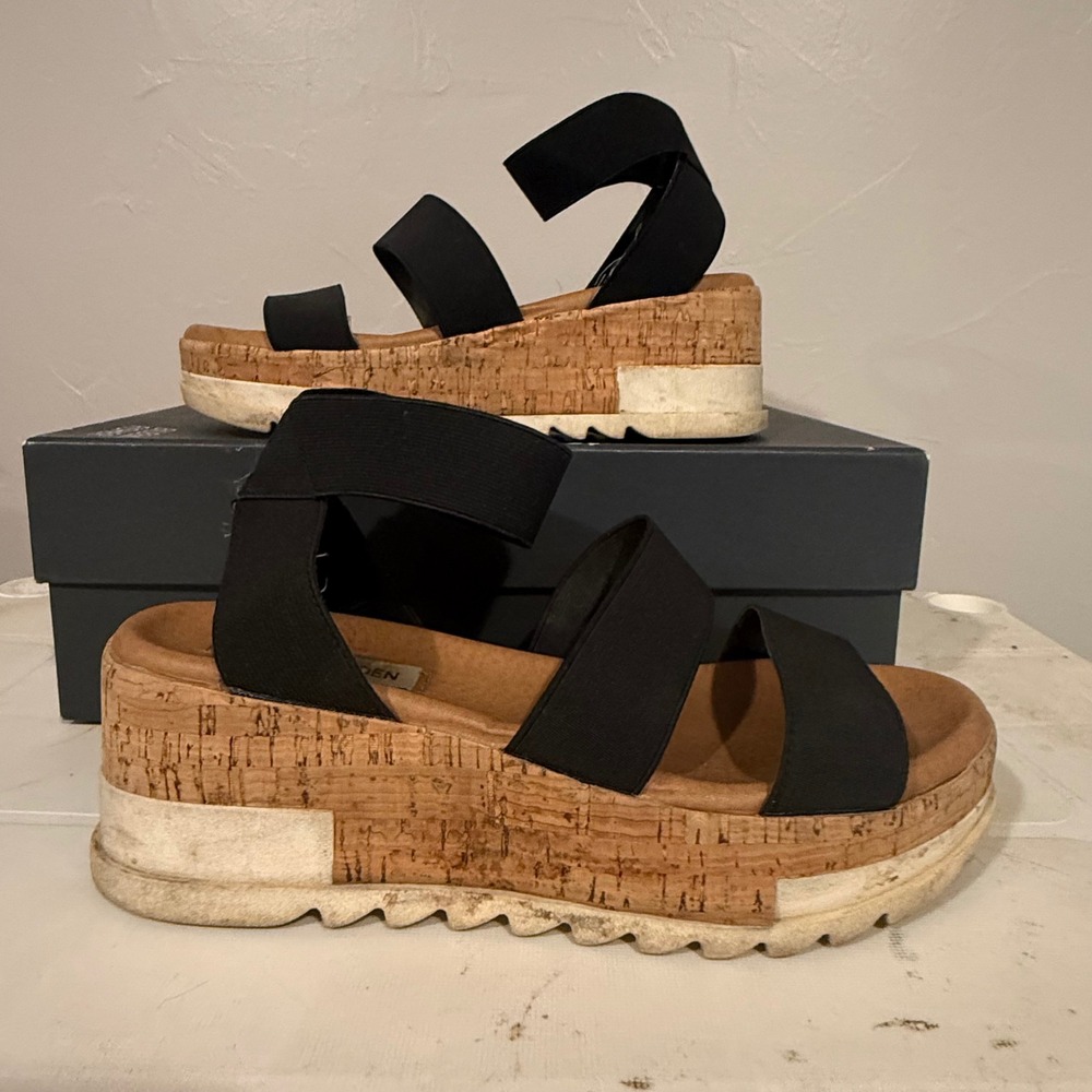 Steve Madden Bandi Platform Sandals Womens 6M Black Cork Wedge BAND02S1 Good